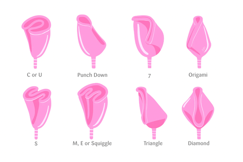 Verschiedene Falttechniken, wie du deine Menstruationstasse falten kannst.