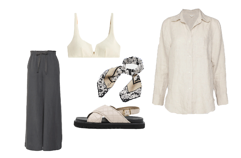 Hose, Bikini-Oberteil, Tuch, Sandalen und Hemd