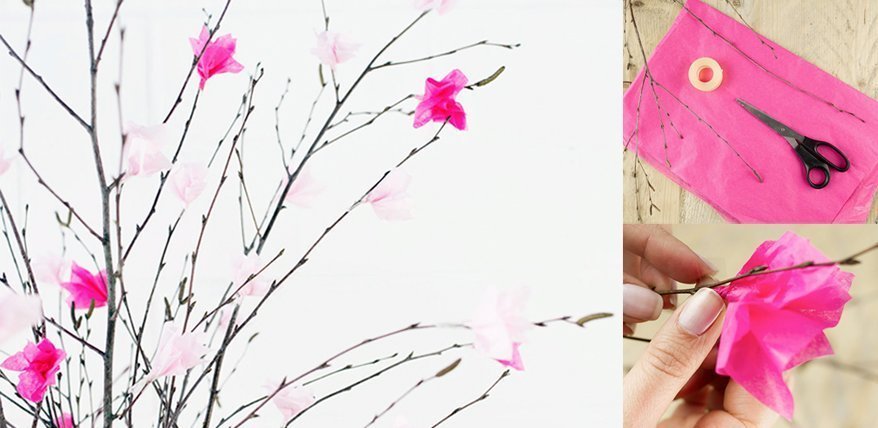 Kirschblüten aus Seidenpapier mit Schere.